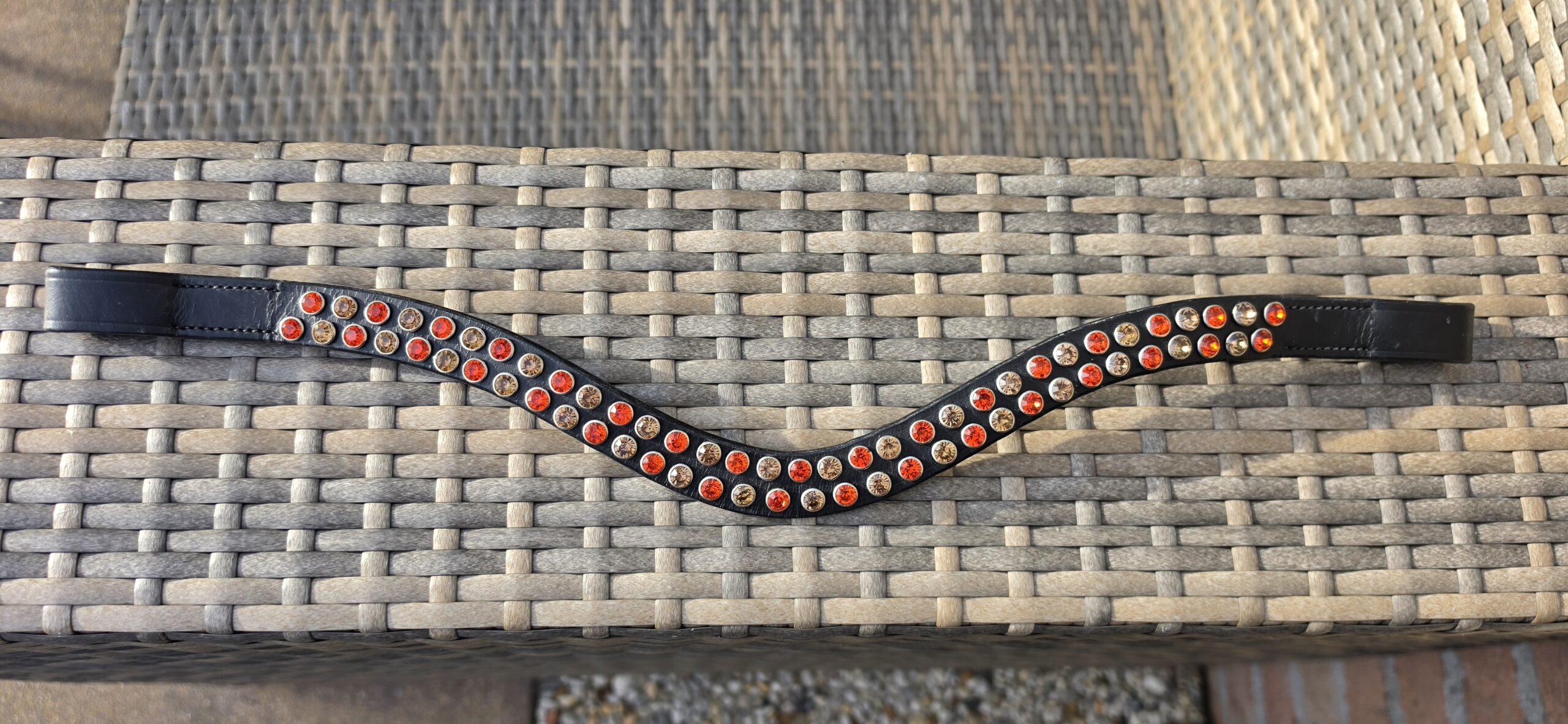 Frontriem Girl on Fire – Born to sparkle! Laat je paard schitteren met de Girl on Fire frontriem van Dutch Bling! Vurige rood-oranje en champagnekleurige kristallen op elegant zwart leer.
