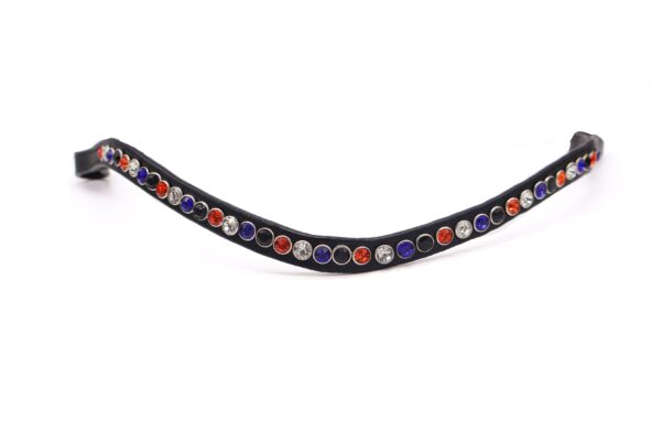 Frontriem Wild Card met één rij stenen in blauw, oranje, zilver en zwart. Een stoere, speelse frontriem met opvallende sparkle!