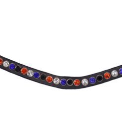 Frontriem Wild Card met één rij stenen in blauw, oranje, zilver en zwart. Een stoere, speelse frontriem met opvallende sparkle!